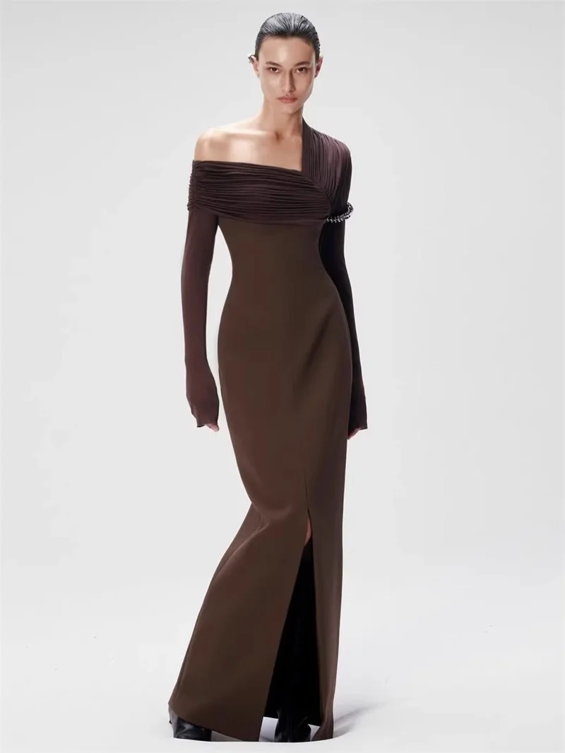 

Sexy Brown Prom Dress Hollow Full Sleeves Ruffles Long Sheath Party Gown Formal Bridal Wedding Birthday Robe