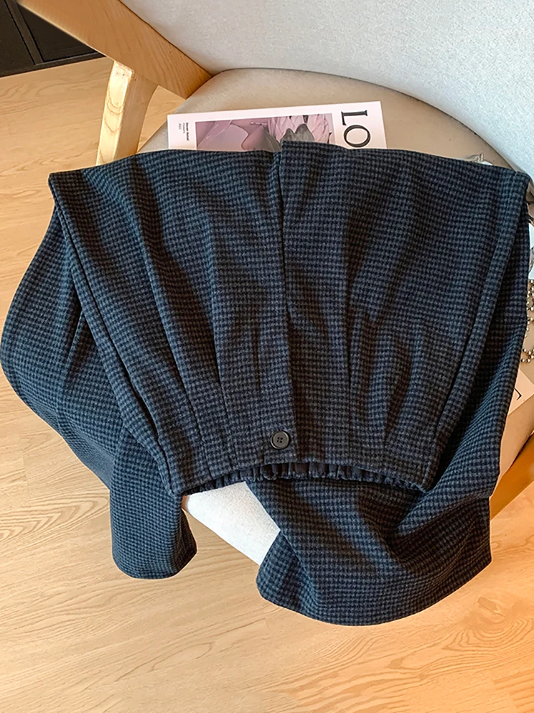 

High Waist Pleated Plaid Wide Leg Pants Women's Loose Woolen Casual Straight Long Trousers Autumn Season Korean Sle Commute...