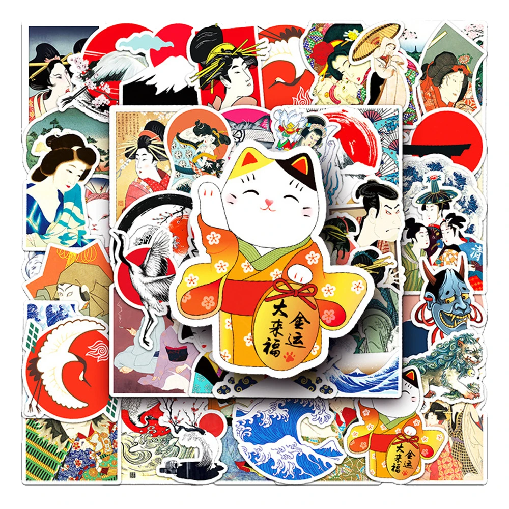 50 PCS Cartoon Japanese Ukiyo Painting Creative Personality Lucky Cat Animal Graffiti Stickers Bicycle Scooter Helmet Laptop