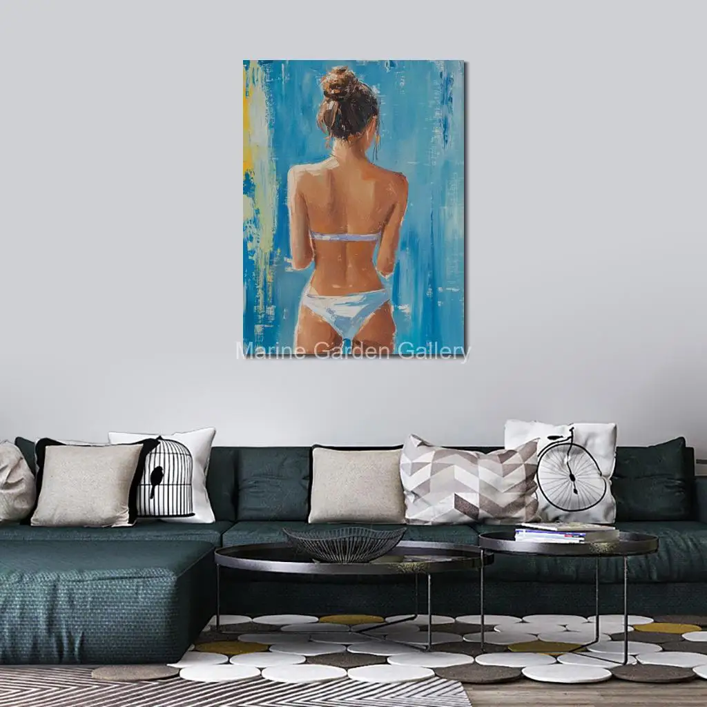 Beautiful Female Canvas Art Abstract Oil Painting Handmade Wall Picture Bikini Woman Contemporary Bathroom Home Decor Large