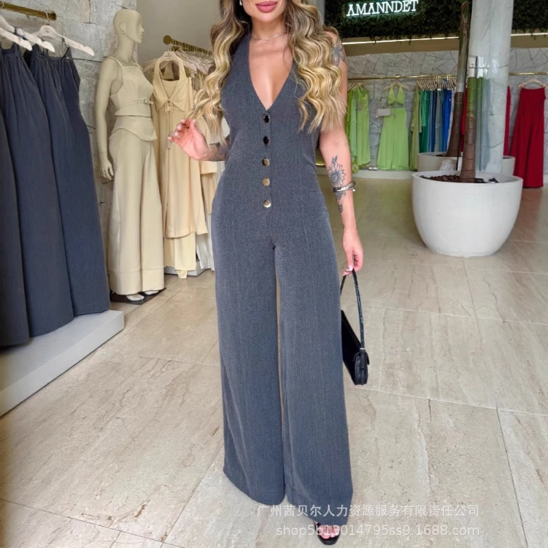 

Jumpsuits Women One Piece V Neck Sleeveless Overalls Wide Leg Long Pants High Waist Rompers Y2k Streetwear Jumpsuit Work