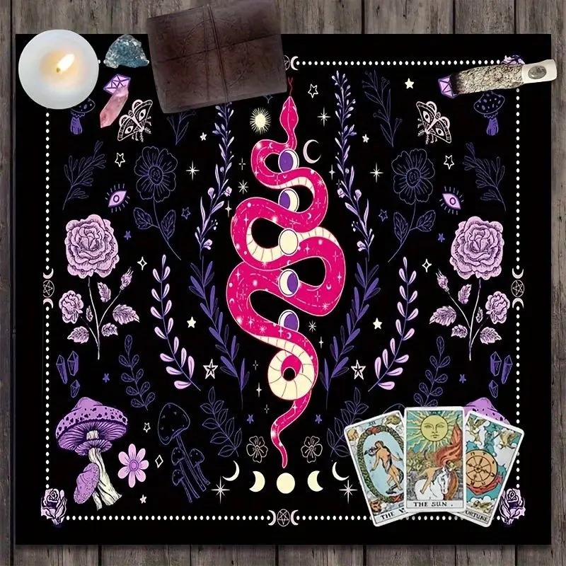 VIKAMA Pink Snake Flower Moon Phase Tarot Tablecloth, Mystical Divination Altar Cloth Ritual for Spiritual Room Decor