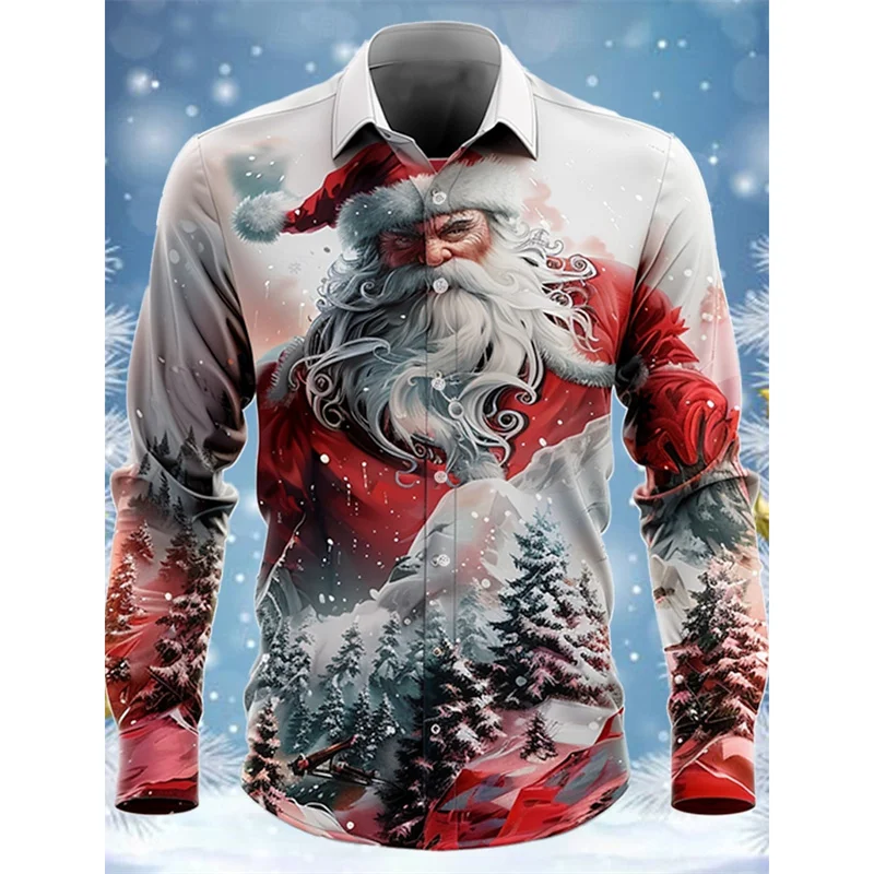 Blus motif Pohon Santa Claus, kemeja Hawaii untuk pria, blus motif 3D Selamat Natal, kemeja Aloha longgar kasual, atasan lengan panjang