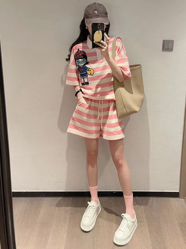 Striped Two Piece Shorts Sets For Women 2024 Summer New Pink Cartoon Loose Tops Street Casual Tracksuit T-shirts Suit M-3XL