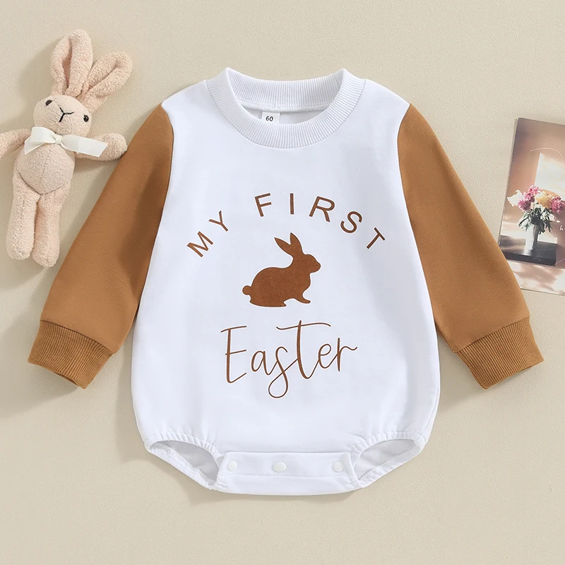 Cute Toddler Easter Bunny Print Round Neck Long Sleeve Romper Jumpsuit with Letter Print for Baby Boy Girl