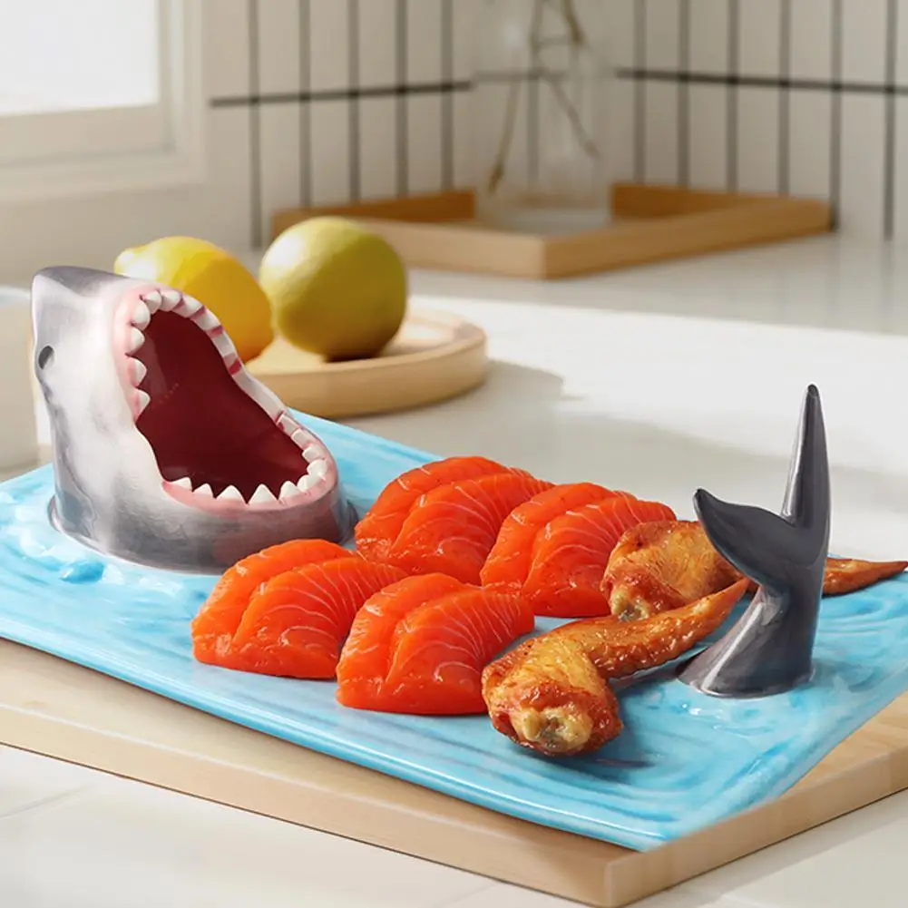 Ceramic Sushi Plate Shark Shape Rectangle SauIndependent Sauce Area Dumpling Plate Large Capacity Board Dining Table Decoration