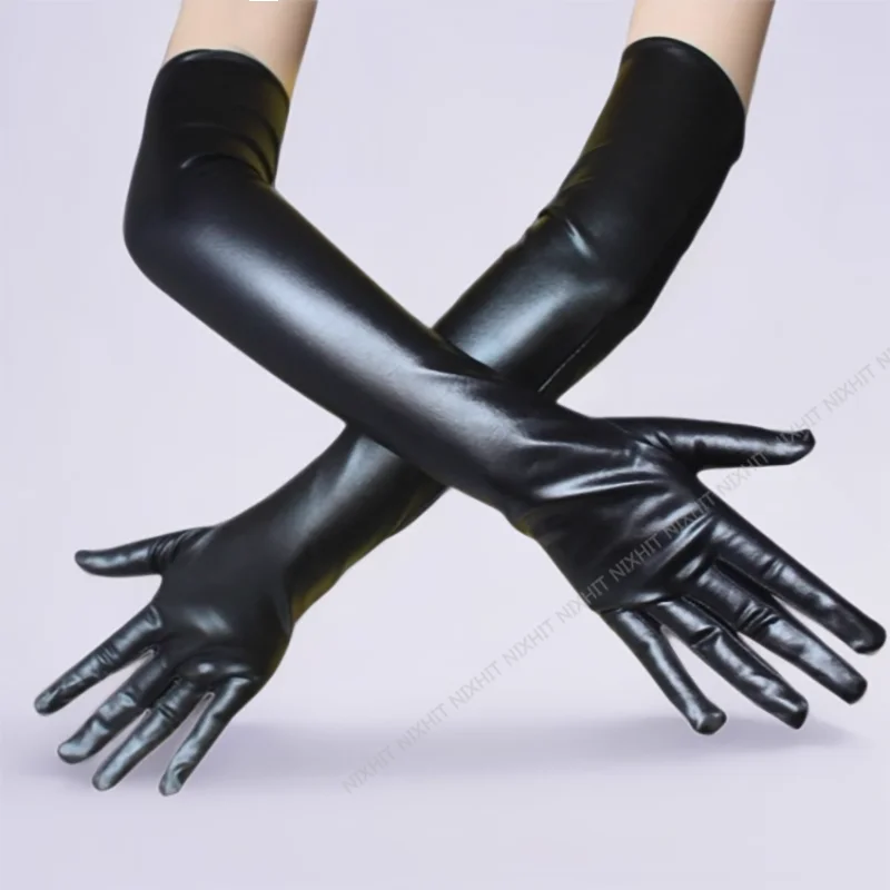 

Adult Long Patent Leather Coated Pole Dance Performance Gloves Halloween Costume Accessories Tight Gloves