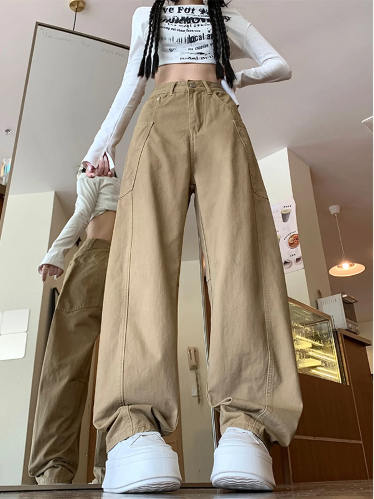 Khaki Arbeitskleidung Jeans Damen Hohe Taille Breites Bein Messerhose Herbst Neue Sle Pear Ape Abnehmen Europäische Größe Groß