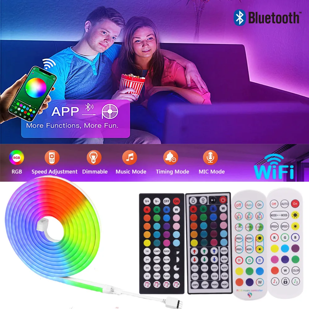 Neon LED Tape Light Strip Tuya WIFI Smart RGB Flexible Music Silicone Waterproof Rope IP67 12V APP Bluetooth Voice Control Lamp