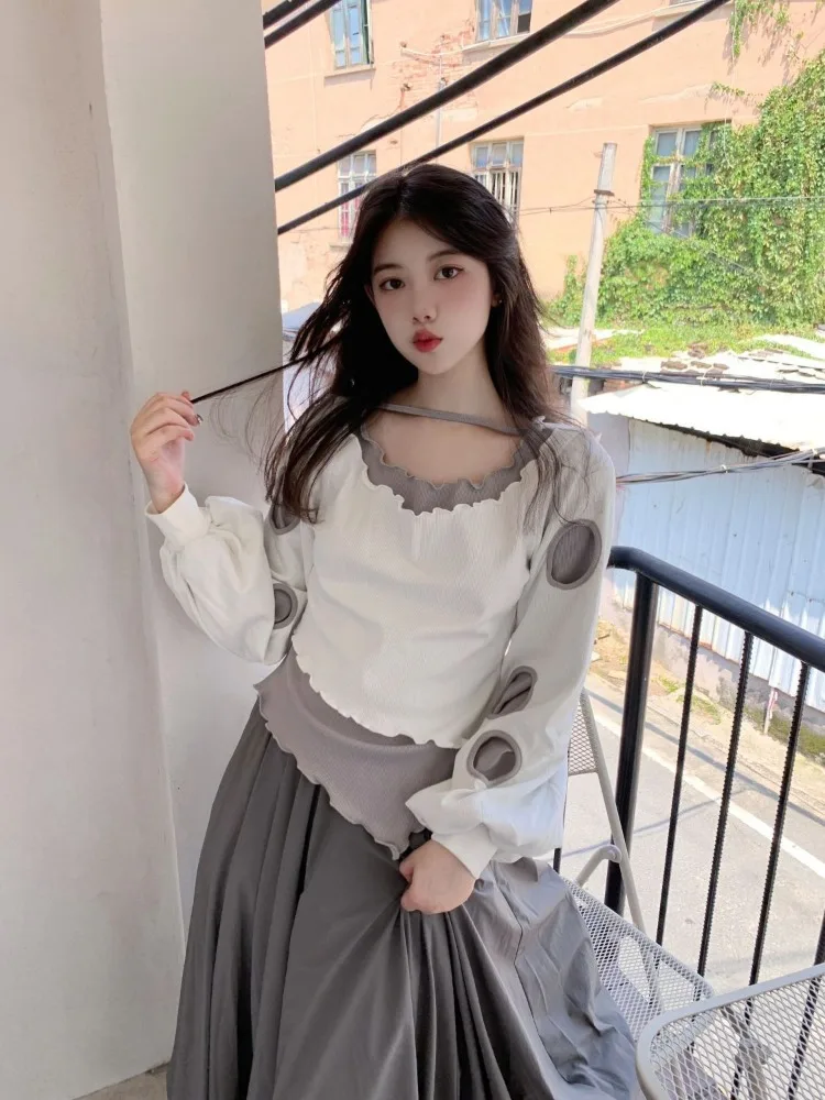 

Two Piece T-shirt Women American Retro Long Sleeve Irregular Short Tops 2025 Spring Sweet Fashion Versatile Tees