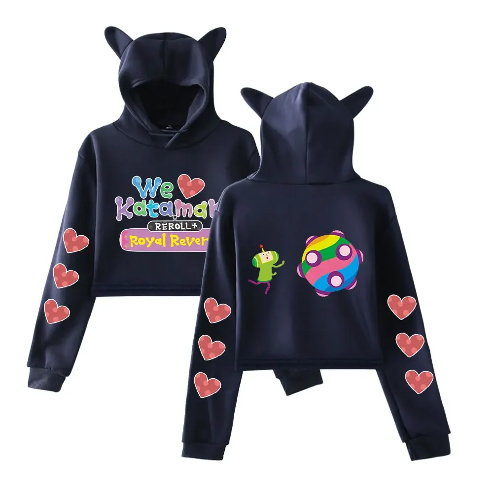 We Love Katamari Reroll Royal Reverie Crop Top for Teen Girls Streetwear Hip Hop Kawaii Cat Ear Harajuku Cropped Sweatshirt