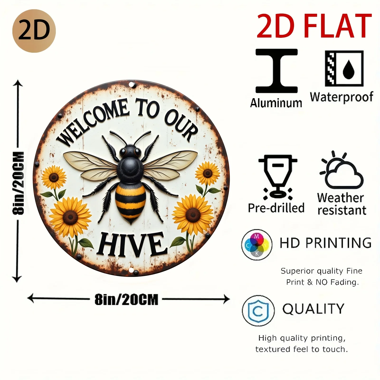 2D Plane Circular Rust Effect Metal Sign Bee and Sunflower Design Welcome Themed Wall Art Suitable for Home or Garden, 2D Flat,