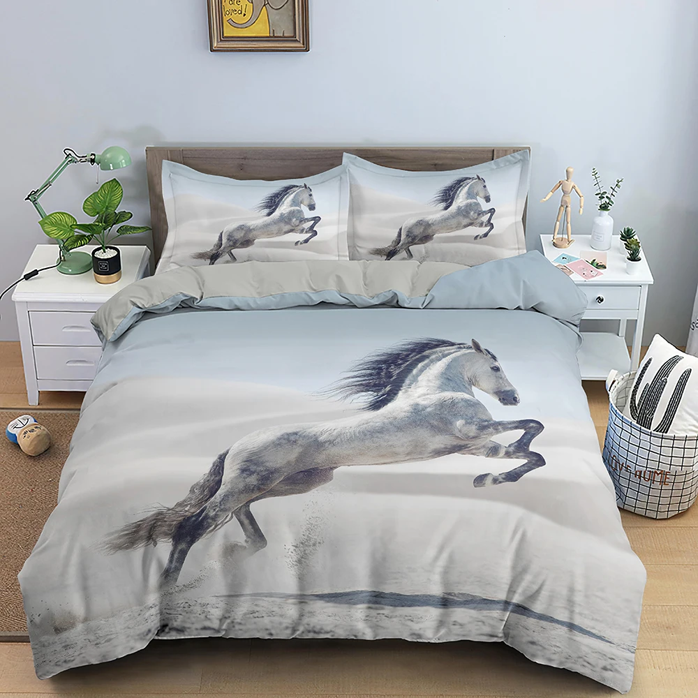 

3D Horse Duvet Cover King Queen Size Black White Thoroughbreds Bedding Set For Teens Adults Animal 2/3pcs Polyester Quilt Cover