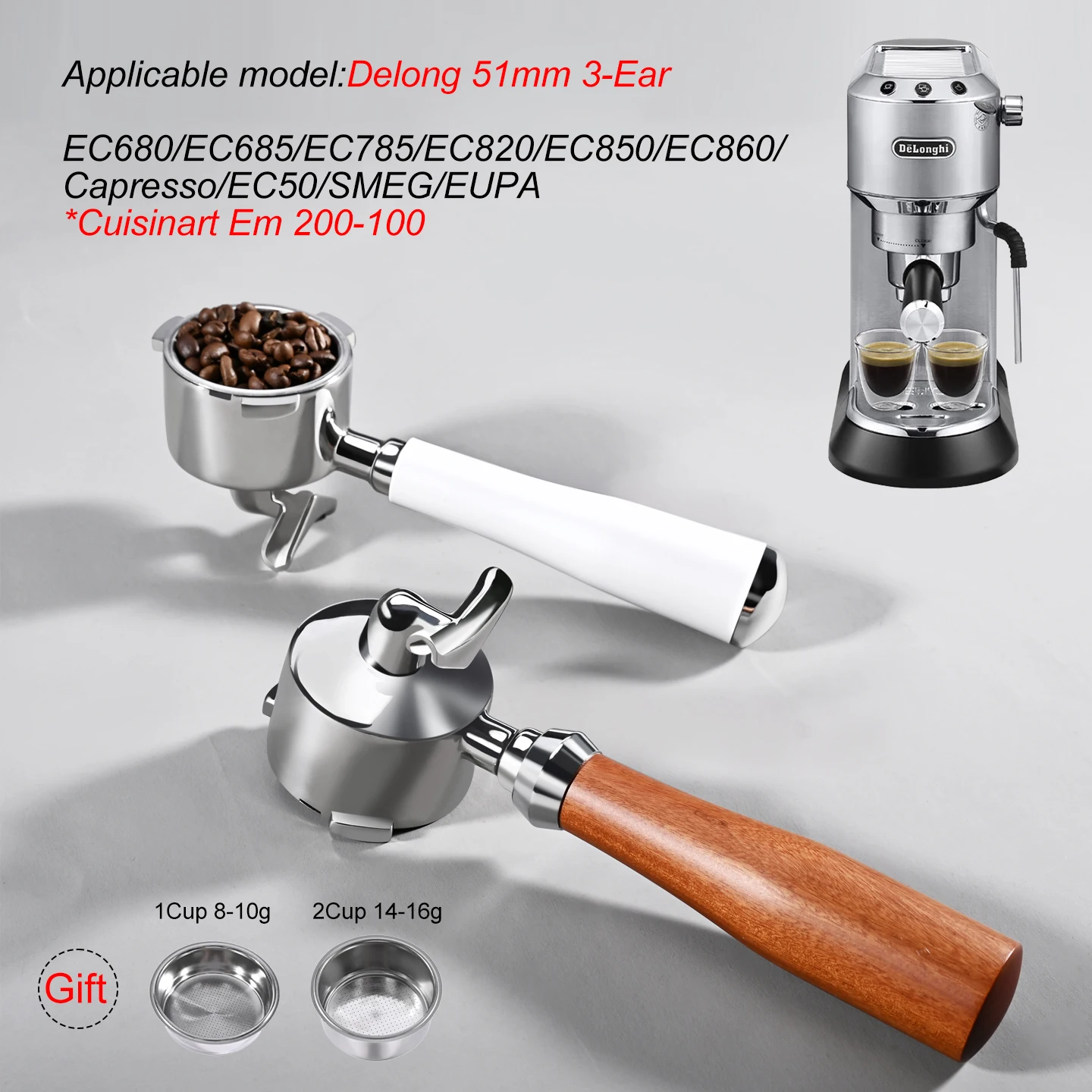 51mm Double Spout Coffee Portafilter for 51MM 3 Ears Delonghi EC850 EC685 1 2CupsReplacement Filter Basket Espresso Machine Tool