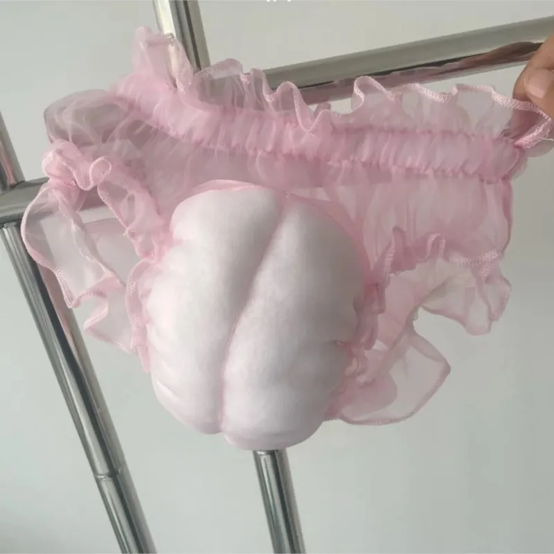 Organza Sheer Men Panties Pink Sexy Glossy Ruffled Breathable Lingerie Sissy Roleplay Live Show Dance Erotic Costume BF
