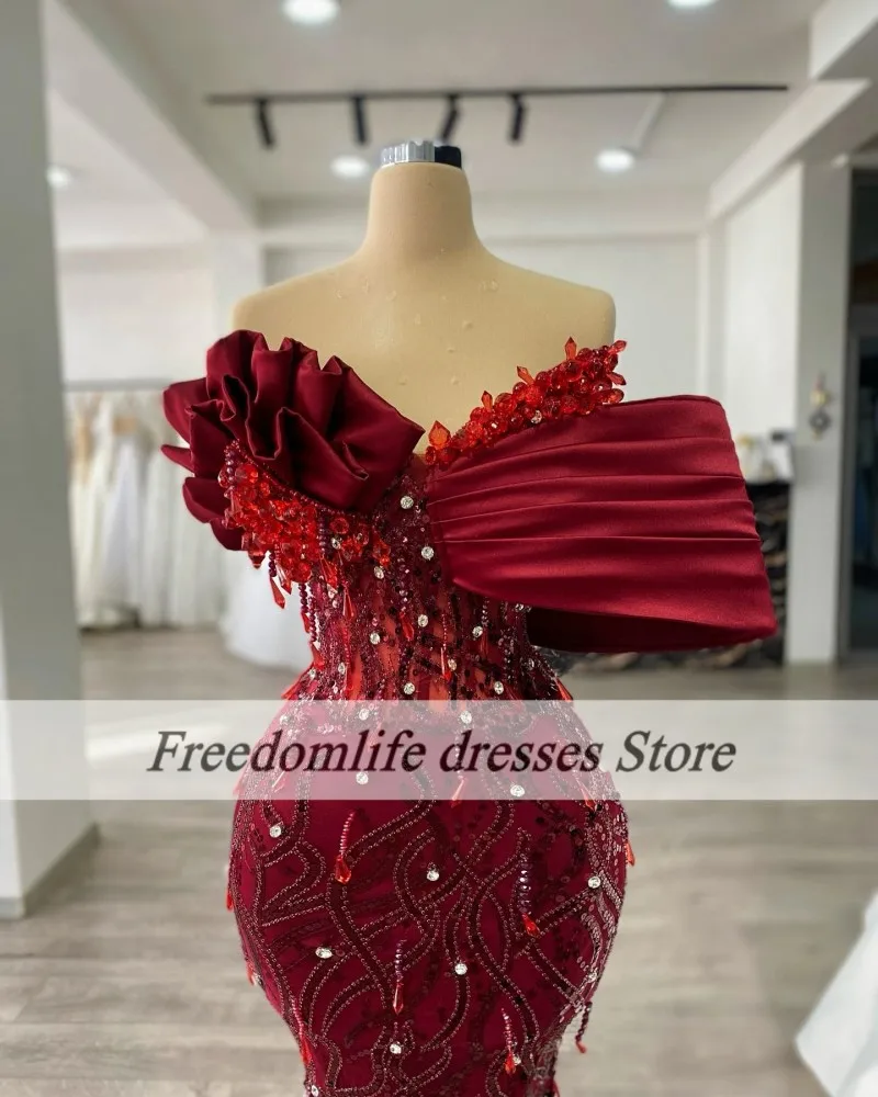 Burgundy Evening Dresses Women Luxury Beading Crystal Mermaid Wedding Party Dress Guests Arbaic Dubai Prom Gowns Customized