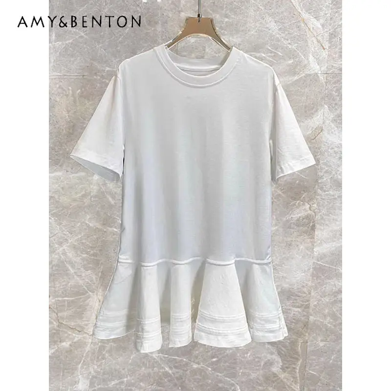 

Retro Design Women's Clothing 2026 New White Ruffle Hem Round Neck Versatile Loose Slimming Short-sleeved T-shirt Top Ladies