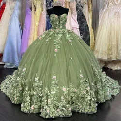 Sage Green Lace 3D Flowers Appliques Florals Quinceanera Dresses for 15 Years Old Off Shoulder Birthday Prom Vestidos De 15 Anos