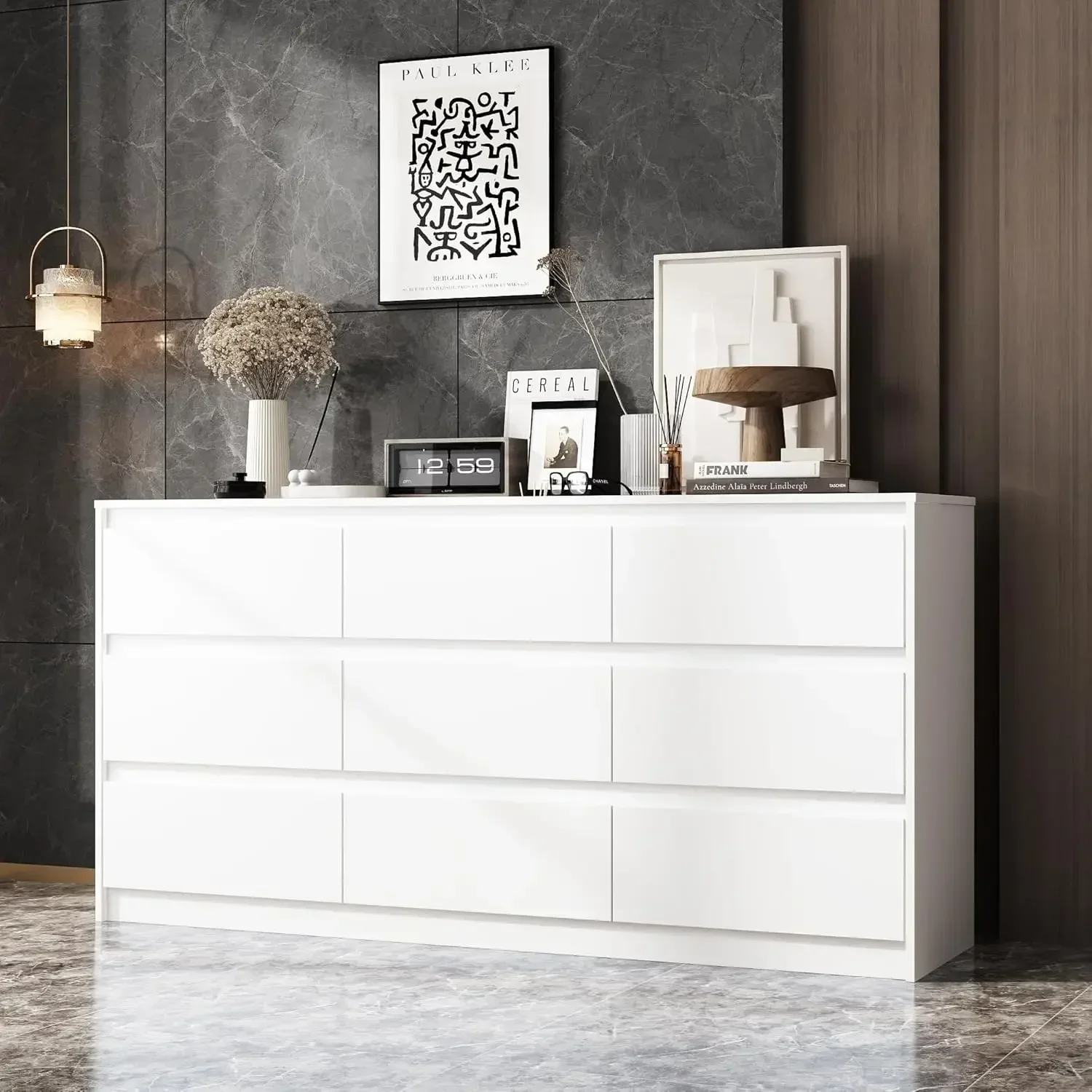 9 Cómodas con cajones blancos, cómoda grande y moderna para organizar el dormitorio, cómoda larga de madera con 9 cajones sin asa