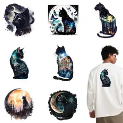 Creative silhouette of cats and forests Stickers DIY Vinyl Heat Transfer For T-shirt Sticker Iron On Clothes Canvas bag Applique