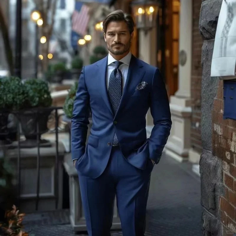 Navy Blue Men's Two-Piece Suit Wedding & Business Single-Breasted Slim-Fit Formal Jacket & Trousers Elegant Men's Blazer