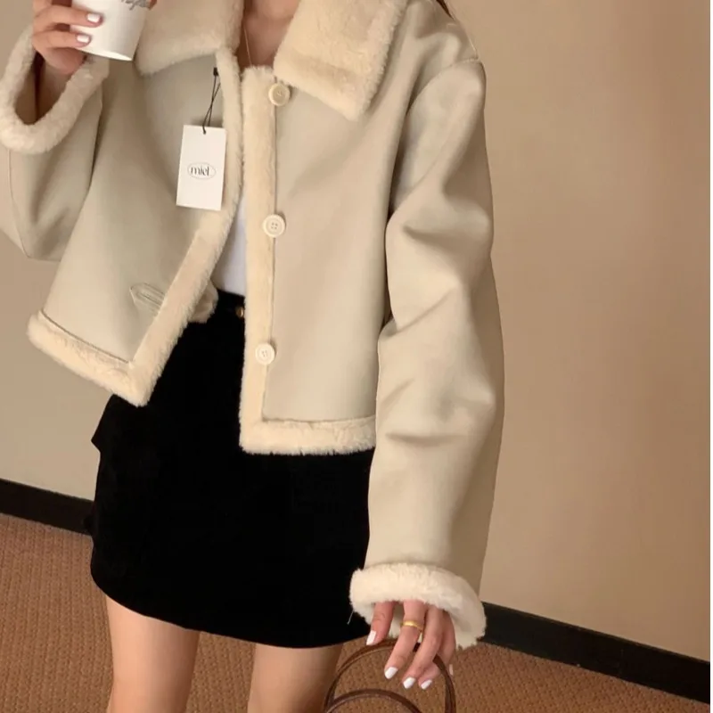 

Женское шикарное корейское пальто с мехом ягненка, длинное зимнее пальто с воротником-стойкой и воротником-стойкой в стиле ретро