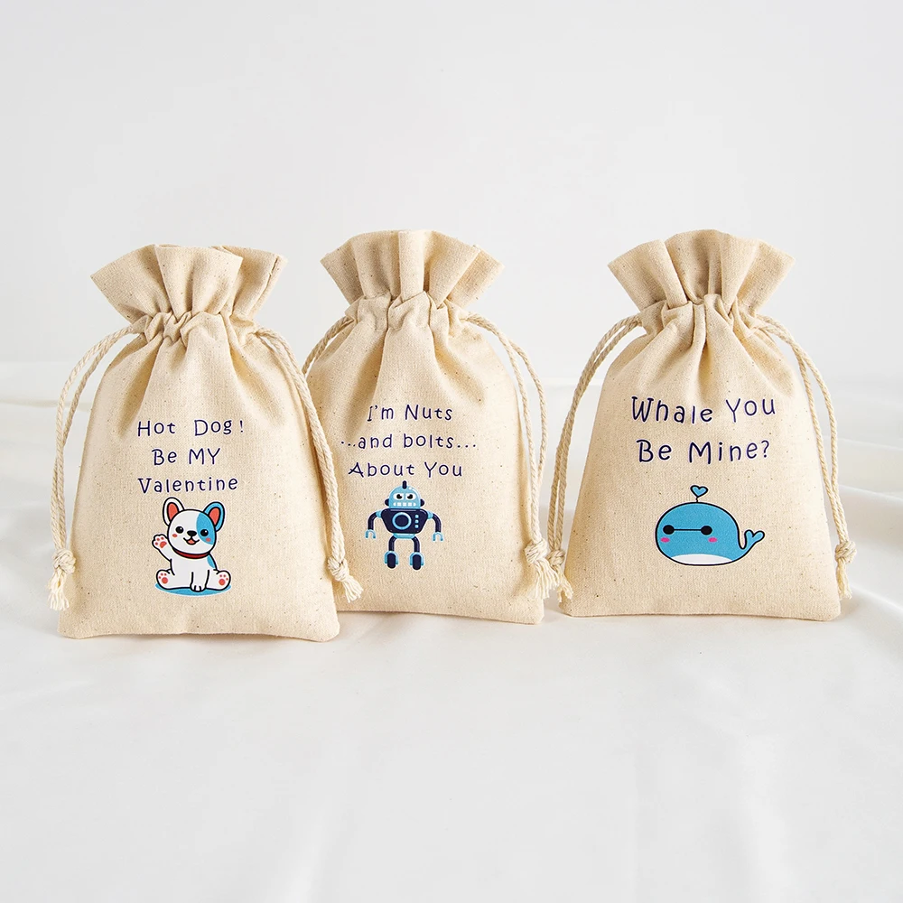 5pcs Valentine‘ s Day Jewelry Drawstring Canvas Bag Muslin Cotton Treat Pouch Candy Gift Linen Pockets for Kids Boy Party Favors