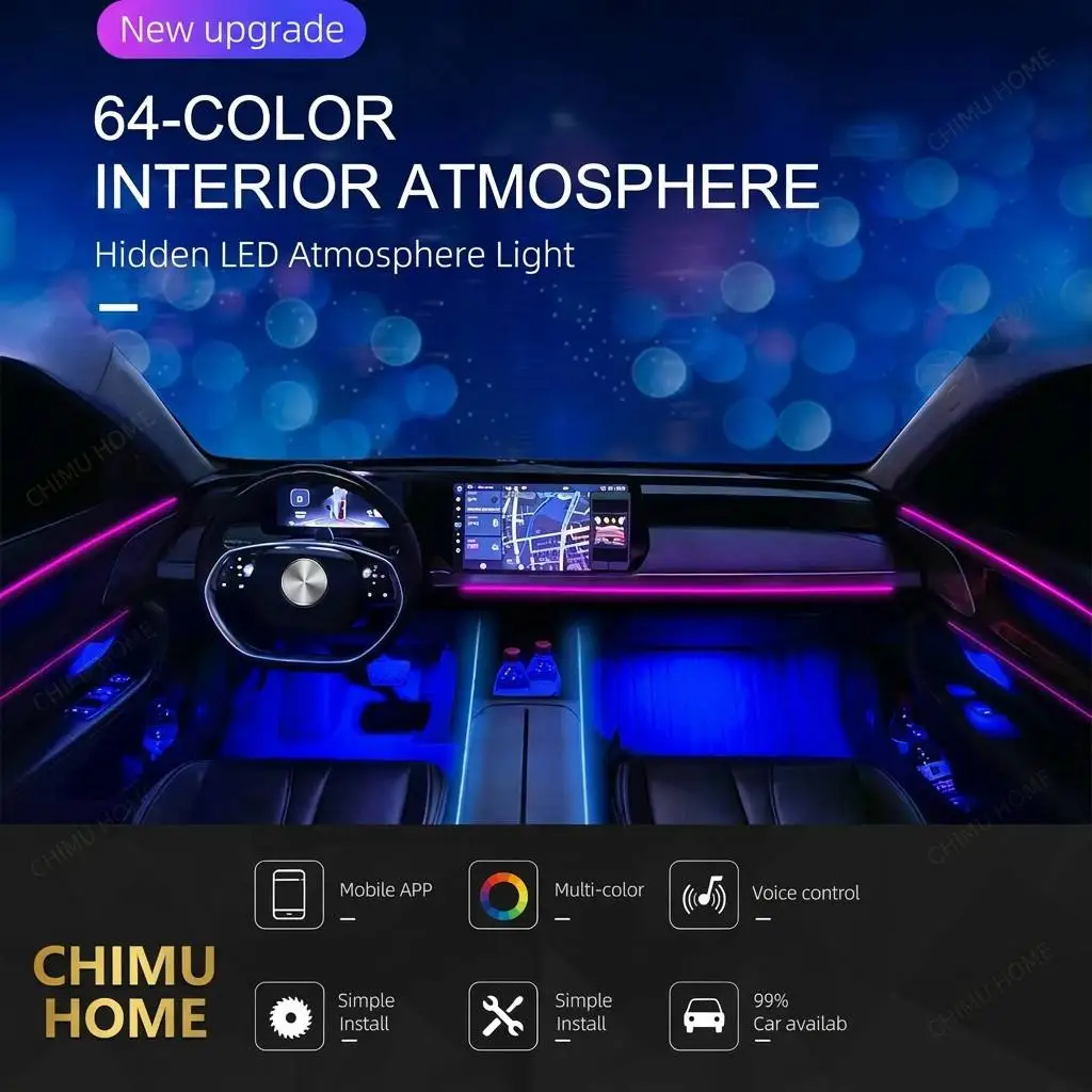 CHIMU HOME】 Universal 18-in-1 RGBIC Dynamic Car Ambient Lighting Kit 6mm Acrylic Strip App Bluetooth Control 12V