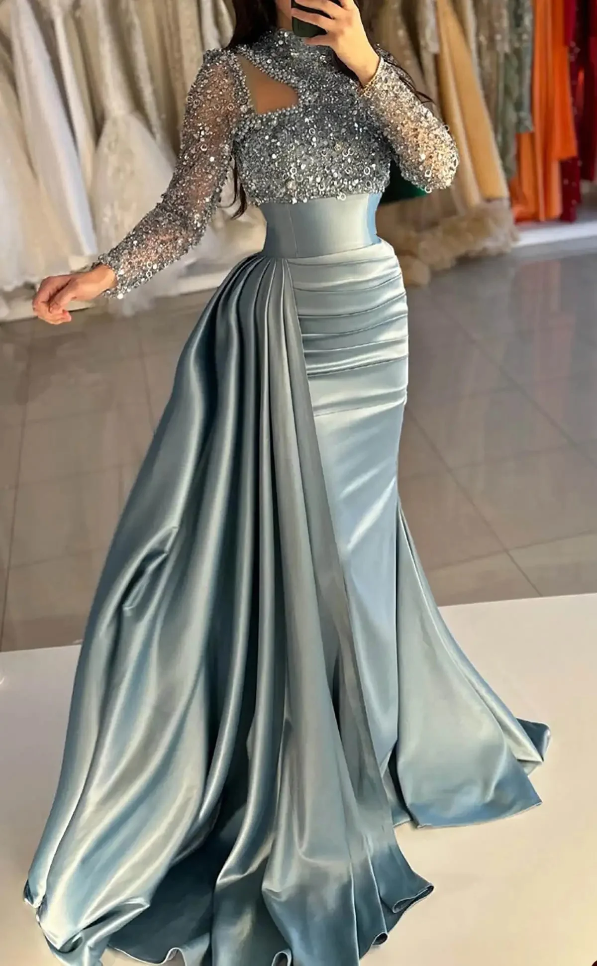 Customized Hunter Green Sequined Split Prom Dresses One Shoulder Long Sleeve Evening Gowns Arabic Bling Bling Women Gowns
