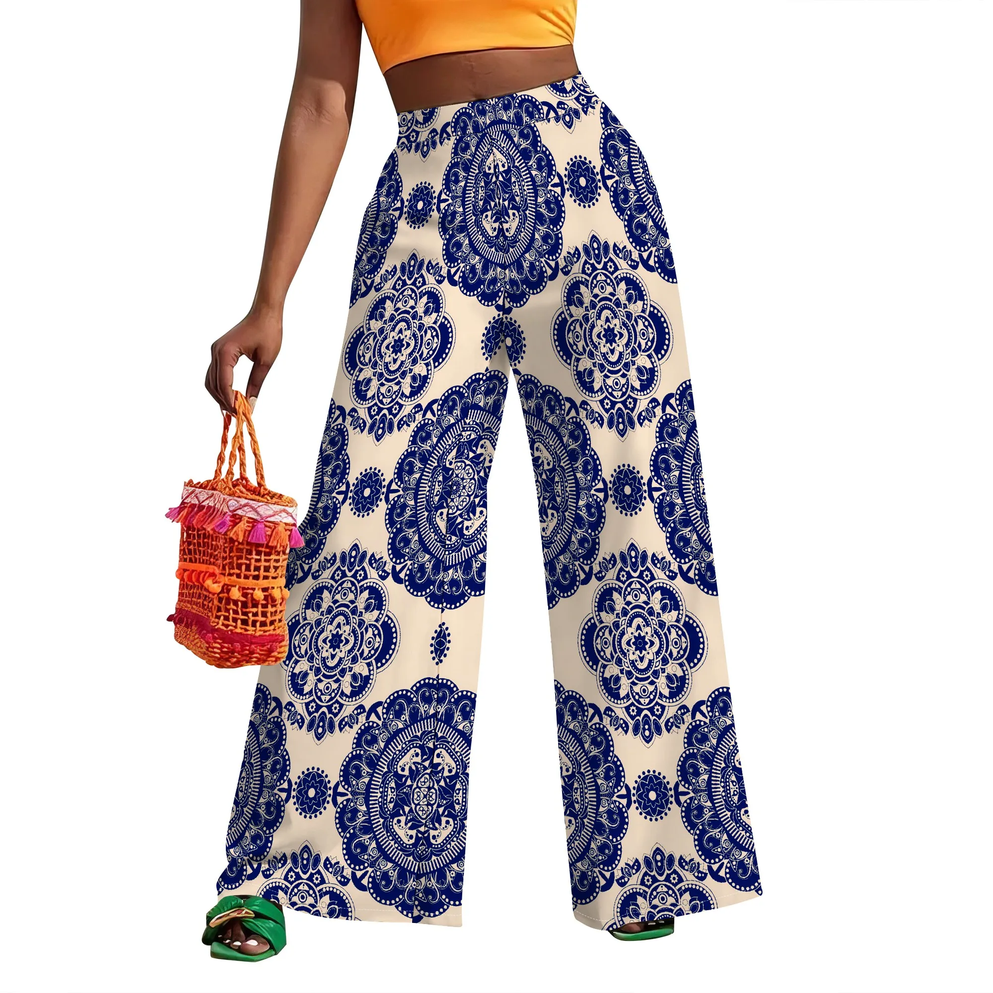 Women’s High Waist Wide Leg Pants Rainbow Paint Print Summer Streetwear Casual Trousers