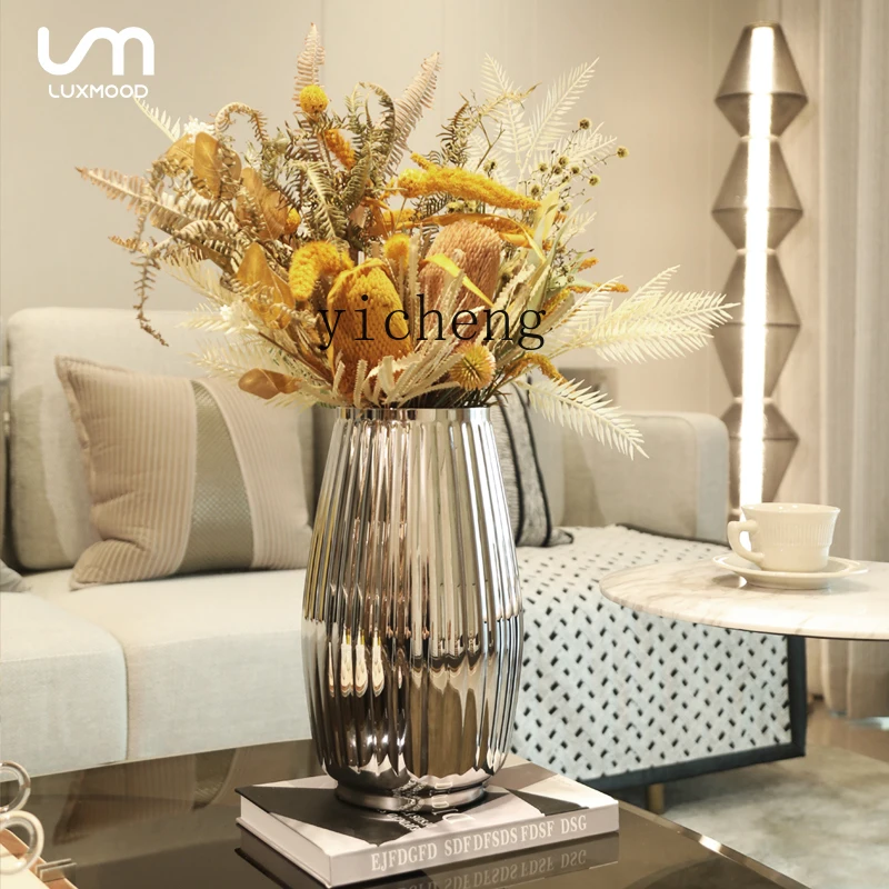Cj-18  Nordic stainless steel vase light luxury striped vase coffee table decorative flower arrangement device