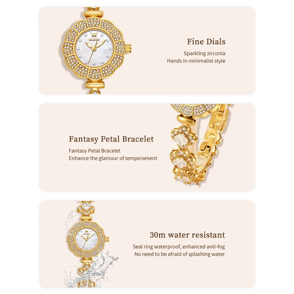 OLEVS Women's Watches Fashion Luxury Golden Stainless steel Quartz Watches Original Waterproof Diamond setting Ladies Watches