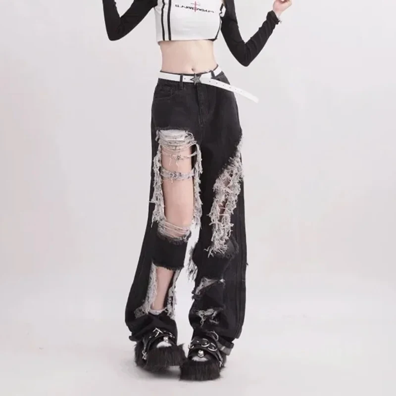 

Y2K винтажные готические женские джинсы черные с высокой талией корейская уличная одежда рваные широкие брюки Harajuku джинсовые брюки