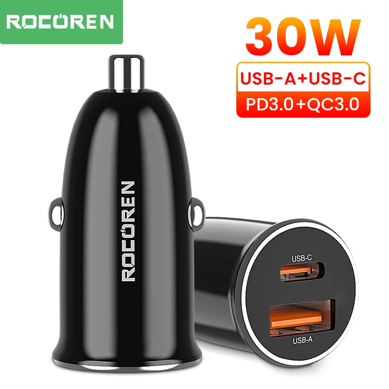 Rocoren 30W USB Type C Car Charger PD QC 3.0 Fast Charging Car Charge Adapter For iPhone 15 14 13 12 Pro Xiaomi Samsung Huawei