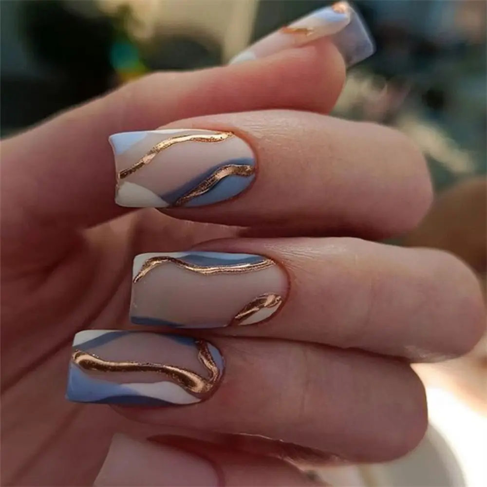Fashion Long Square False Nails White Edge Glitter Press on Nails Green Leaf Gold Strips Fake Nials DIY