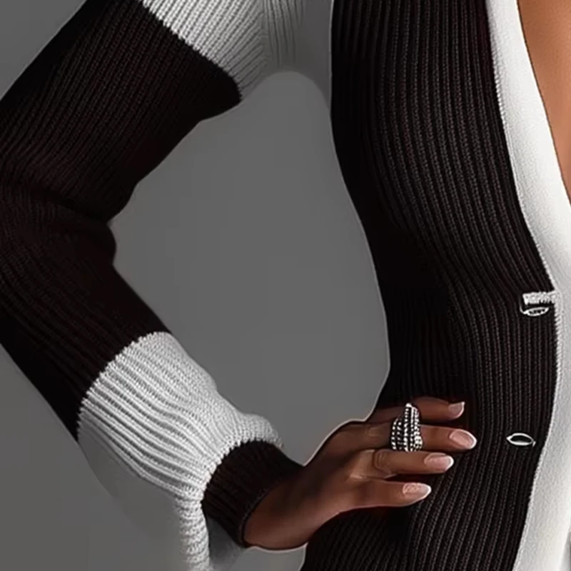 

Women Elegant Color Block Knitted Cardigan Lapel Long Sleeve Single-Breasted Autumn Winter Sexy Deep V-Neck Fashion Knit Sweater