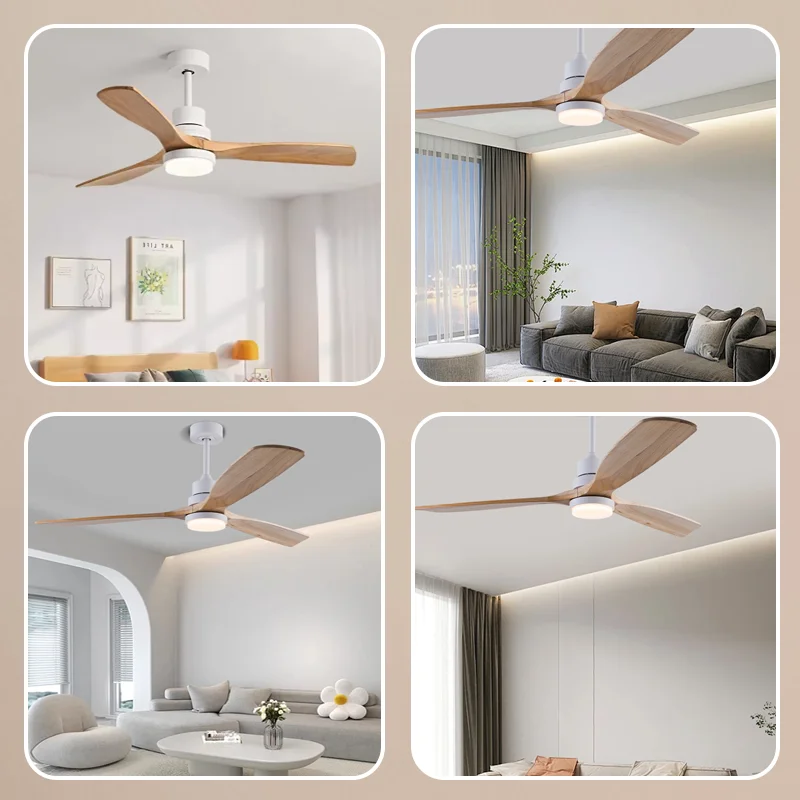 Wood Solid Ceiling Fan Light LED Remote Control Noiseless Ceiling Pendant Lamp Adjustable Height Lustre Chandelier Room Decorati