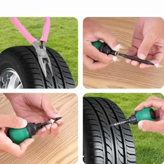 Professional Grade Tire Repair Kit with 12 Cutter Heads Strong Pliers and Ratcheting Insertion for Bikes and For Cars
