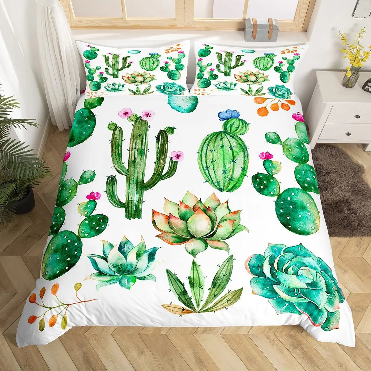 Bright Cactus Duvet Cover Set Full Queen For Girls Boys Green Plants Succulents Bedding Set Nature Art Soft Chic Comforter Cover