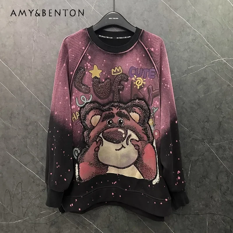 

2024 Autumn Winter Heavy Industry Cartoon Gradual Change Fleece Crew Neck Sweatshirt Women's Loose Fashion Versatile Sudaderas