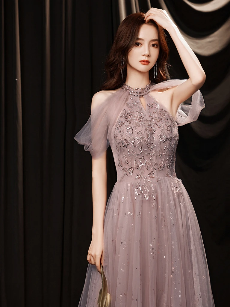 Robe de soirée élégante rose violet, Champagne, paillettes brillantes, col licou, épaules dénudées, ligne A, fermeture éclair appliquée, cérémonie de bal pour femme