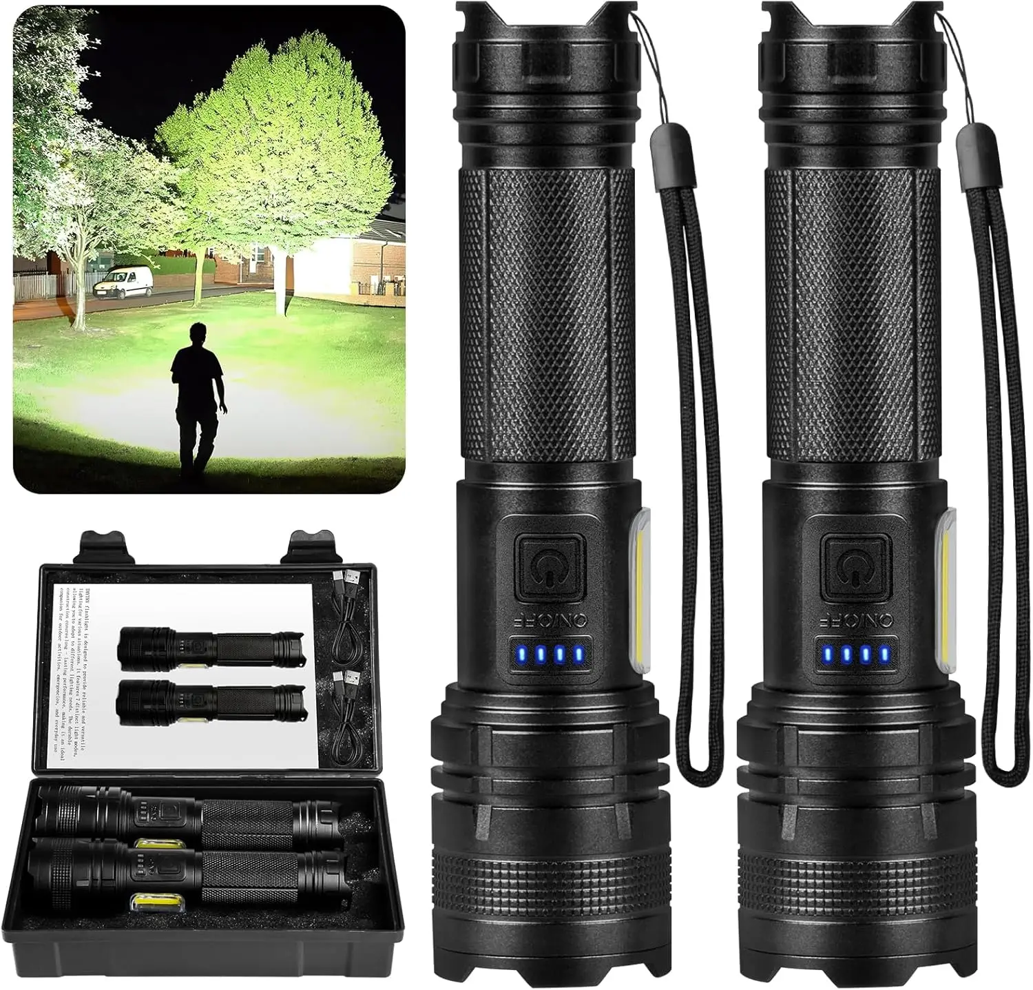 مصابيح كاشفة LED قابلة لإعادة الشحن 90000LM، 7 أوضاع، محمولة عالية الطاقة للتخييم والمشي لمسافات طويلة والعمل الليلي (عبوتان)