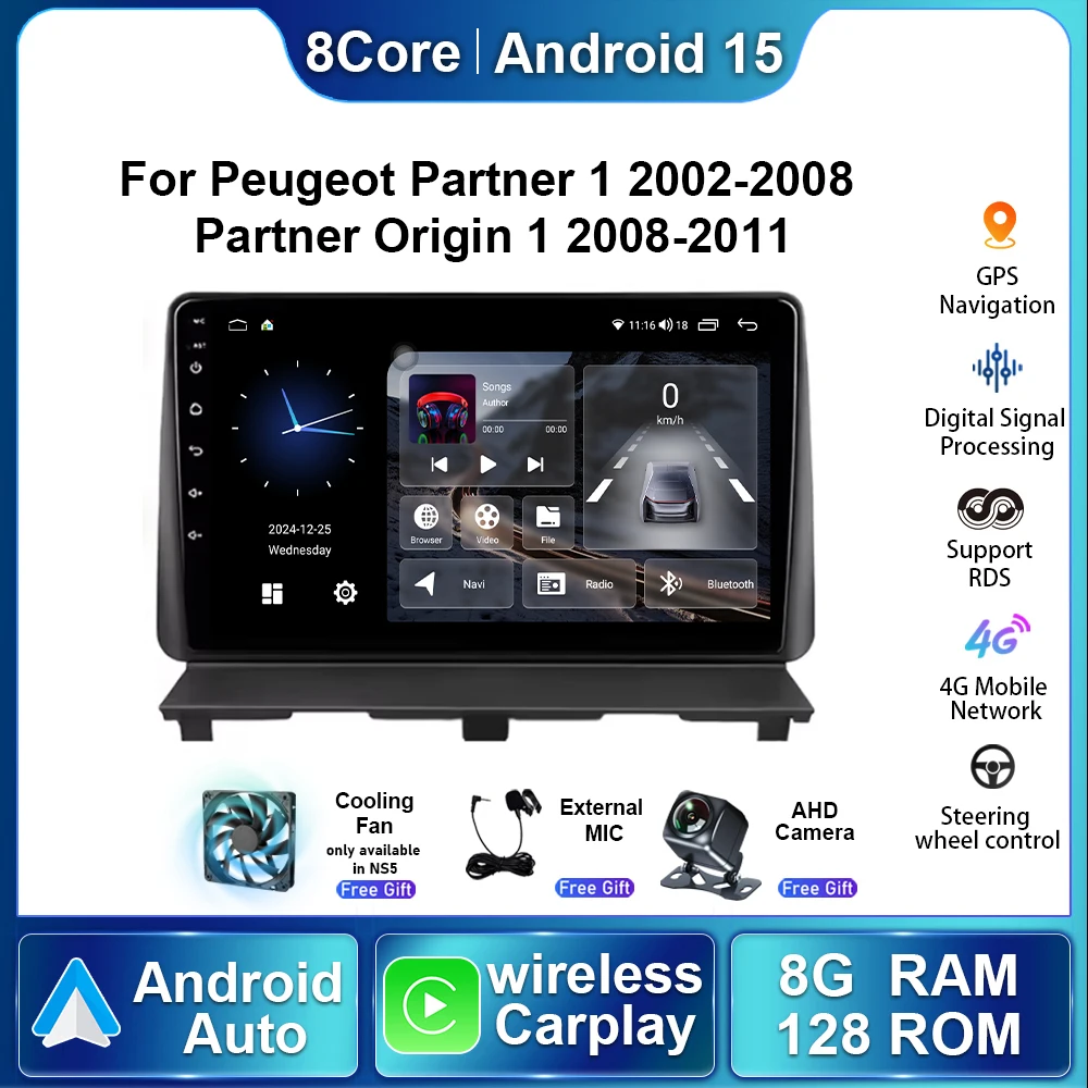 Radio para Auto Peugeot Partner 1 2002-2008 Partner Origin 1 2008-2011 Android15 Autoradio Reproductor Multimedia Estéreo Navegación GPS