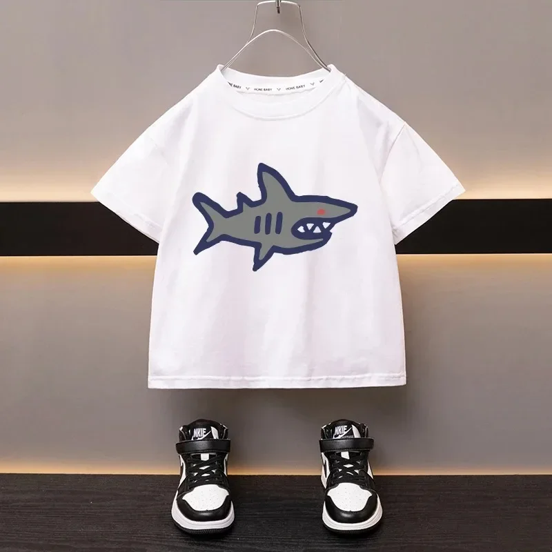 Summer Boys and Girls T-shirt Wear Baby Sports Tees Toddler Cartoon Shark Simple T Thin Pure Cotton Soft Crew Neck Pullovers