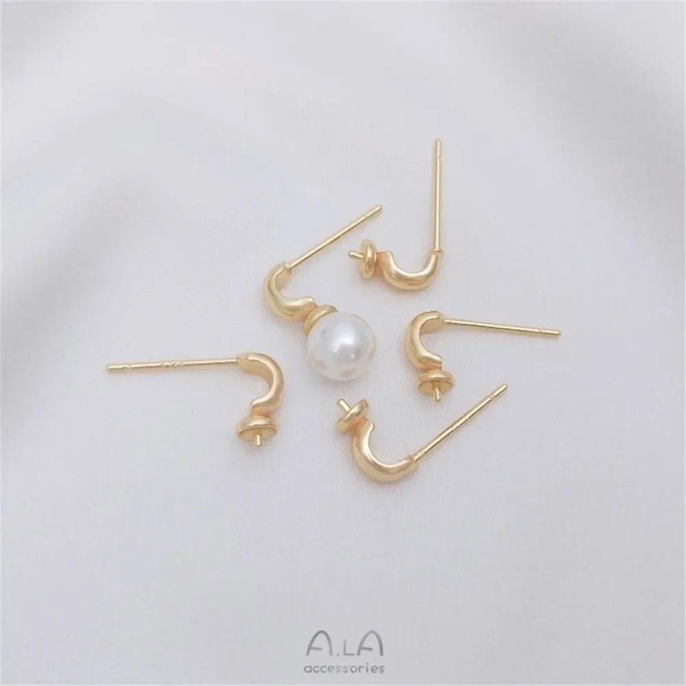 

14K gold plated small C-shaped half hole pearl earrings 925 silver needle diy adhesive crystal pearl hollow earrings