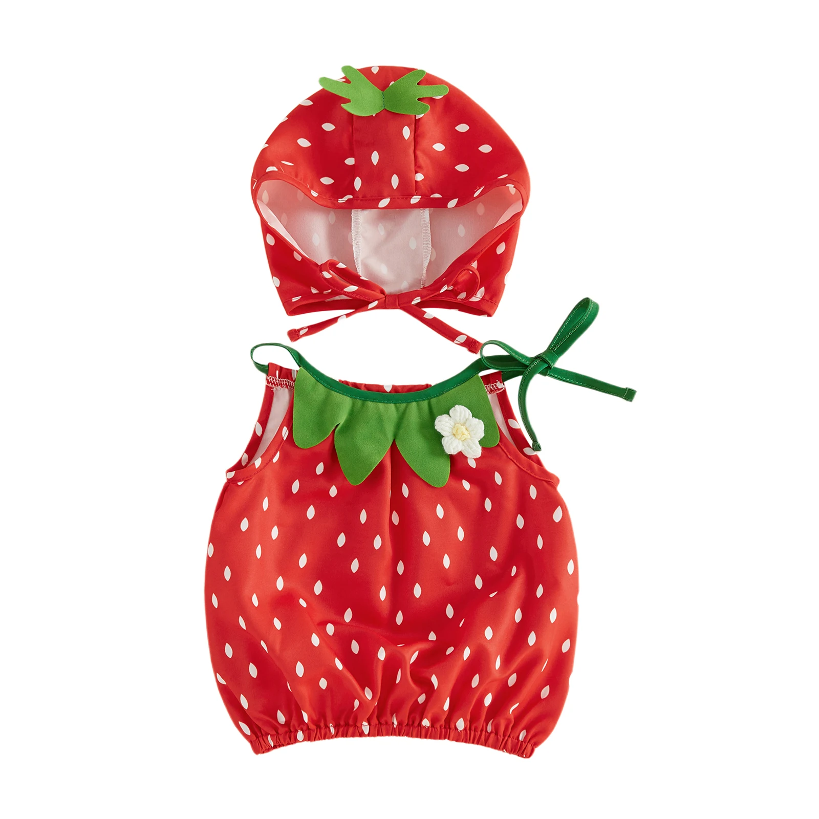 2027 Early Autumn Toddler Baby Halloween Strawberry/Pumpkin/Ghost Costume Halter Neck Romper with Hat