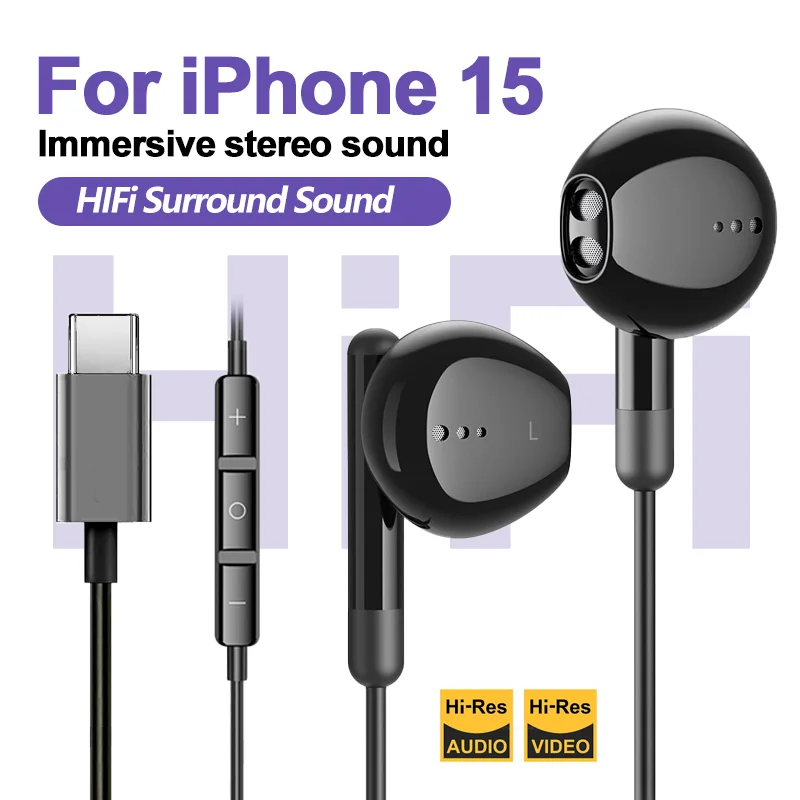 For Apple iPhone 15 Pro Max Plus USB Type C 3.5mm With Microphone HiFi in-Ear Headphones For Samsung Galaxy S24 23 22 Earphones