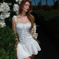 YENKYE Sweet Women Floral Embroidery White Tank Dress Sexy Sleeveless Fit And Flare Cotton Summer Mini Dresses Holiday Robe