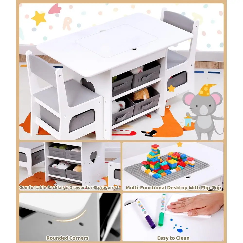 Gray 2-in-1 Kids Table with 2 Chairs and Storage, Building Blocks Compatible Activity Set for Boys & Girls