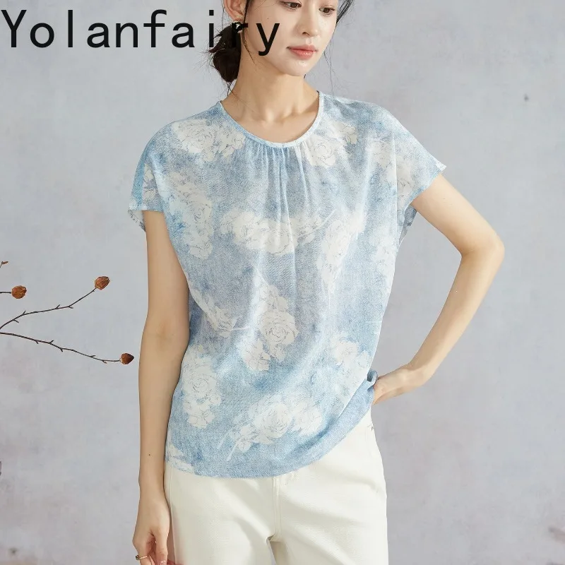 YOLANFAIRY 100% Real Mulberry Silk Tshirt Double Crepe Silk T-shirts for Women Elegant Blouse Top Rose Tie-dye Print Tee Shirt